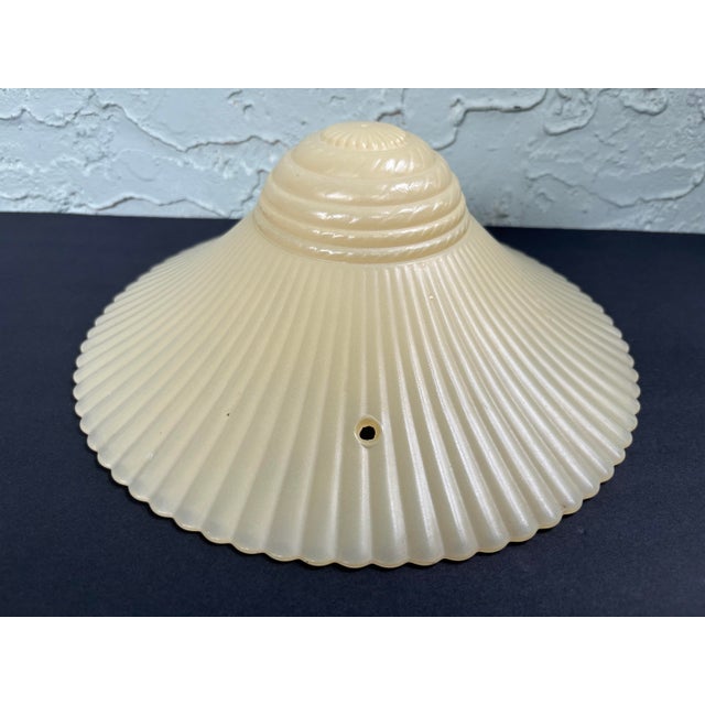 1930s Vintage Art Deco Ivory Opalescent Ribbed Glass Pendant Light Shades, Three-Chain Ceiling Fixture Shades - a Pair For Sale - Image 5 of 12