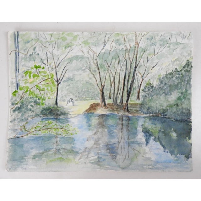 Late 20th Century watercolor on paper painting of quiet river and landscape. Unsigned. Unframed.
