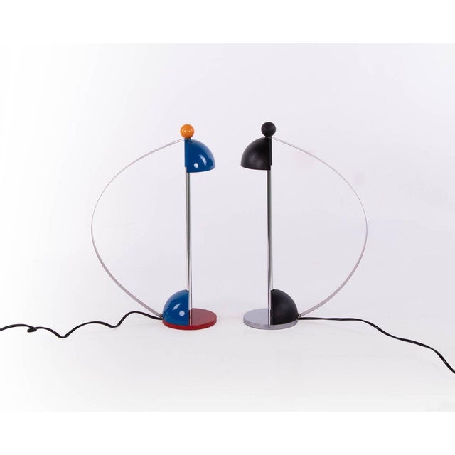 Elegant set of two extremely rare Postmodern metal Table Arc Lamps. Manufactured by Megalit, Italy in the early 1980s....
