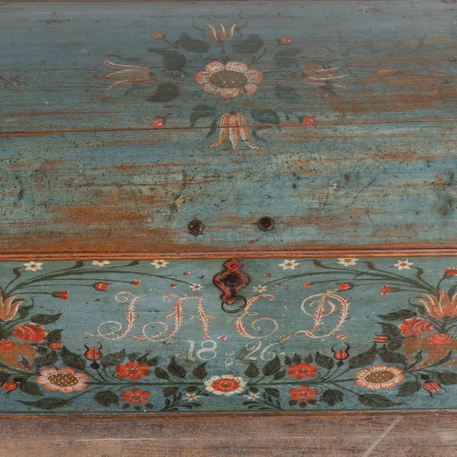 Wood Original Swedish Dome Top Hand Painted Blue Pine Trunk Dated 1826 For Sale - Image 7 of 18