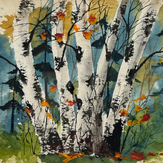 1970s 1970s Minnesota Artist Vi Olson Original Birch Tree Watercolor Landscape For Sale - Image 5 of 10