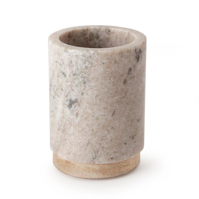 Contemporary San Marino Tumbler, Beige Marble & Wood For Sale - Image 3 of 3