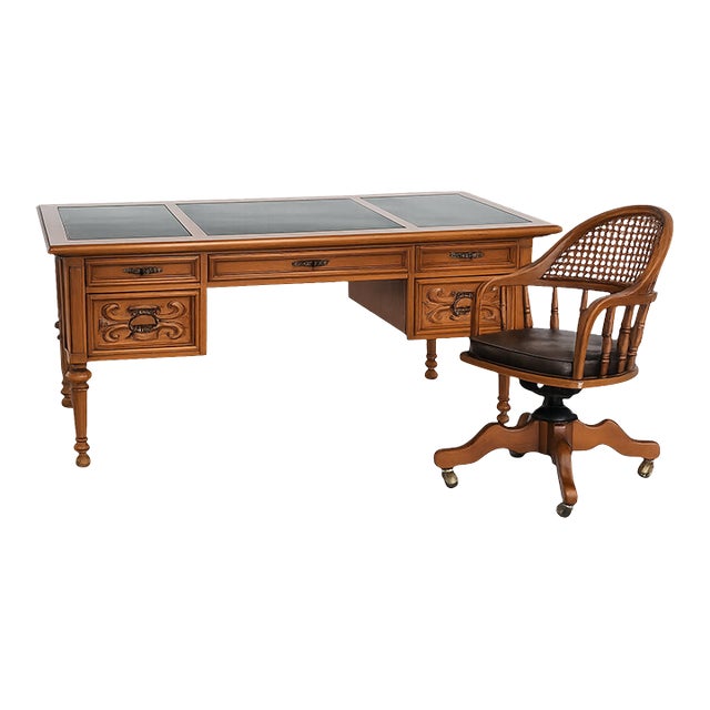 Vintage Drexel Traditional Leather-Top Executive Desk and Cane-Back Chair Set For Sale