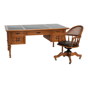 Vintage Drexel Traditional Leather-Top Executive Desk and Cane-Back Chair Set