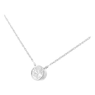 AGS Certified 10K White Gold 1/3 Cttw Bezel Set Round Diamond Solitaire 16-18" Adjustable Pendant Necklace (I-J Color, SI1-SI2 Clarity) For Sale