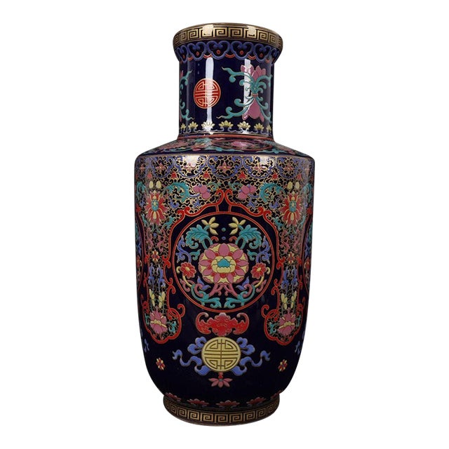 Dark Blue Ground Famille Rose Shou Symbol Floral Rouleau Vase, Chinoiserie Decor Vessel For Sale