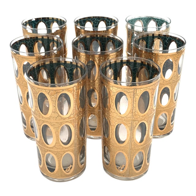 Signed Culver Pisa 22k Gold Crackle Highball Glasses Set of 8 For Sale