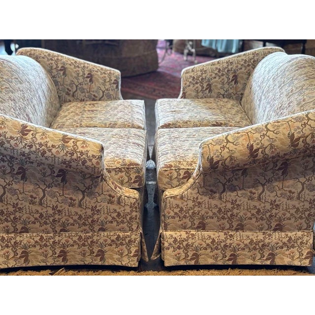 Cream Pair of Vintage Chinoiserie Print Camel Back Chippendale Style Sofas For Sale - Image 8 of 12