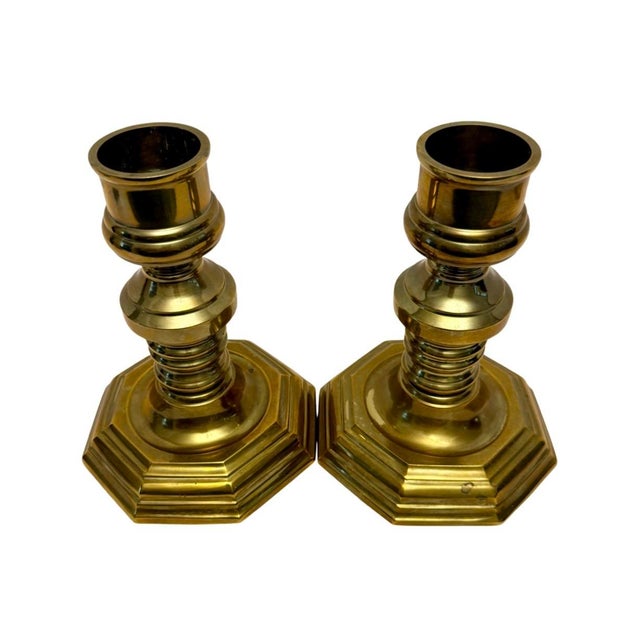 Vintage Georgian Style Pair of Solid Brass 7.25” Candlesticks Octagonal Base A3. For Sale - Image 4 of 8