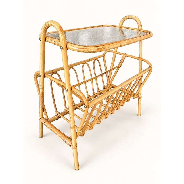 Vintage Scandinavian Rattan Side Table with Magazine Rack and Glass Top, 1960s For Sale - Image 9 of 10