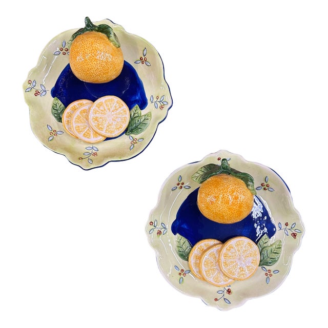 Vintage Bella Casa Ganz Trompe l'Oeil Decorative Orange Wall Plates - Set of 2 For Sale