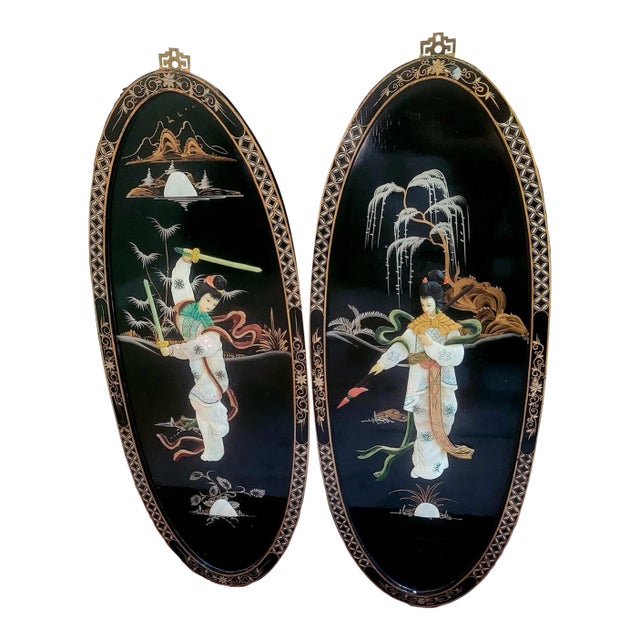 Pair of Raised Jade Chinoiserie Oval Wall Panels, Circa 1930s For Sale
