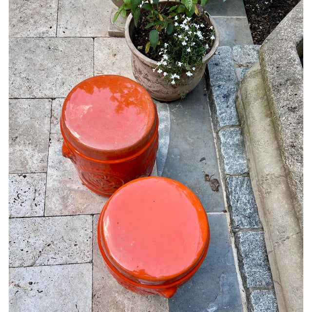 Orange Mid Century Orange Ceramic Garden Stools With Floral Medallions & Lion Head Handles For Sale - Image 8 of 12