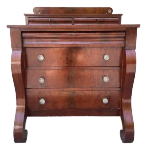 Late 1800s Empire Style Crotch Mahogany 6-Drawer Dresser With Original Glass Drawer-Pulls
