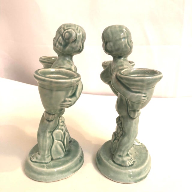 Vintage Art Deco German Pottery Greenware Candle Holders a Pair