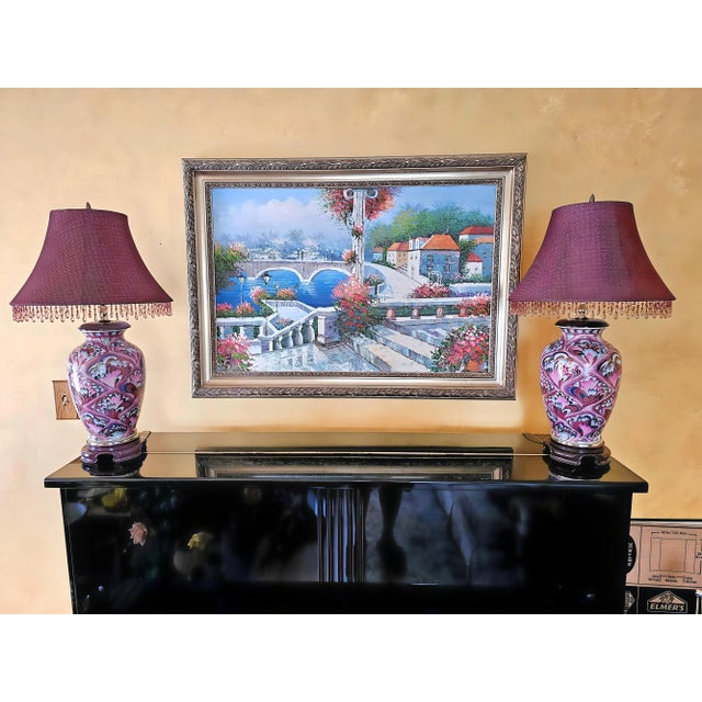 1990s Chinoiserie Pink Porcelain Peacock Ginger Jar Table Lamps With Shades - a Pair For Sale - Image 12 of 12