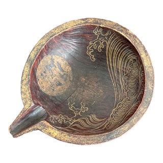 Vintage Japanese Style Carved Wood Lacquer Spouted Bowl With Wave and Moon For Sale