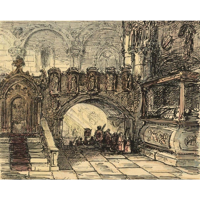Alfred Crowquill, Church Interior with Procession, Mid-19th Century, Ink Drawing For Sale - Image 4 of 4
