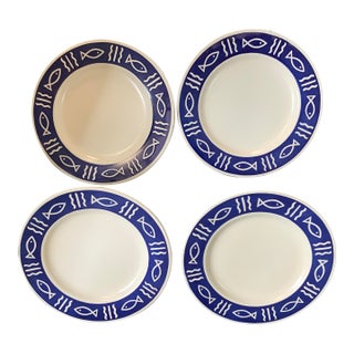 Late 20th Century Oceana Cobalt Blue With White Fish Hornsea Pottery Plates- Set of 4 For Sale