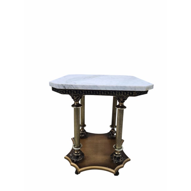 Mid 20th Century Hollywood Regency Style Marble Top Side Table With Fluted Brass Columns For Sale In Chicago - Image 6 of 9