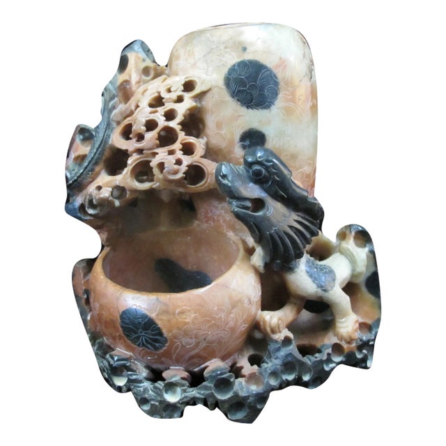 Chinese Carved Soapstone Foo Dog Sculpture Double Brush Pot Inkwell Vase For Sale