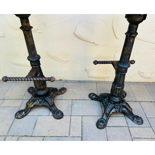 Black Early 1900s Antique Heavy Cast Iron Bar Stools Barley Twist- A Pair For Sale - Image 8 of 14