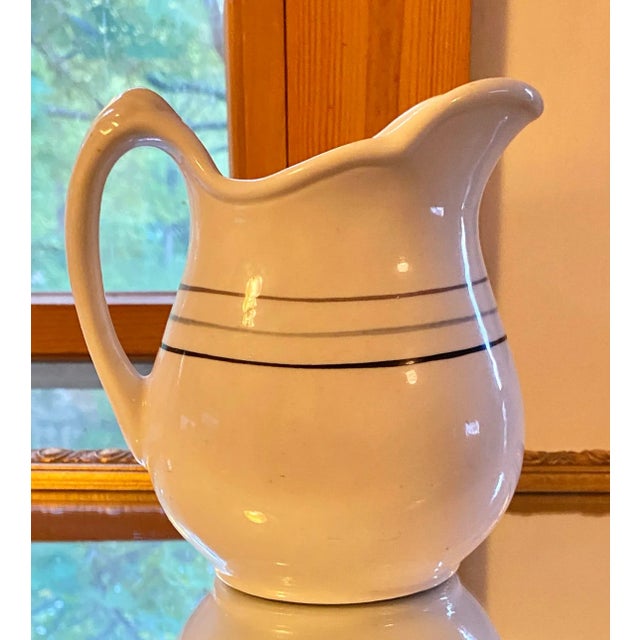 Mid-Century Modern 1920s Small Antique Iroquois Milk Jug/ Syrup / Gravy White W/ Black, Blue, Grey 3 Stripe For Sale - Image 3 of 7