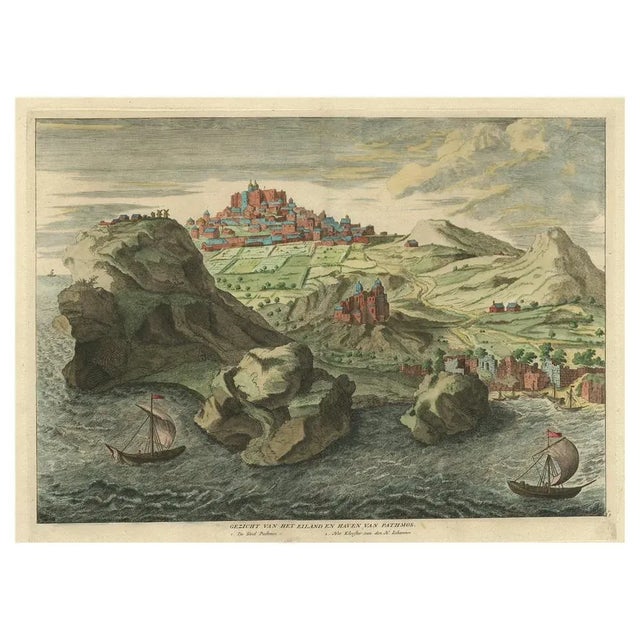 Antique print, titled: 'view of the island and harbor of pathmos (…).' this plate shows a view of the city and harbor of...