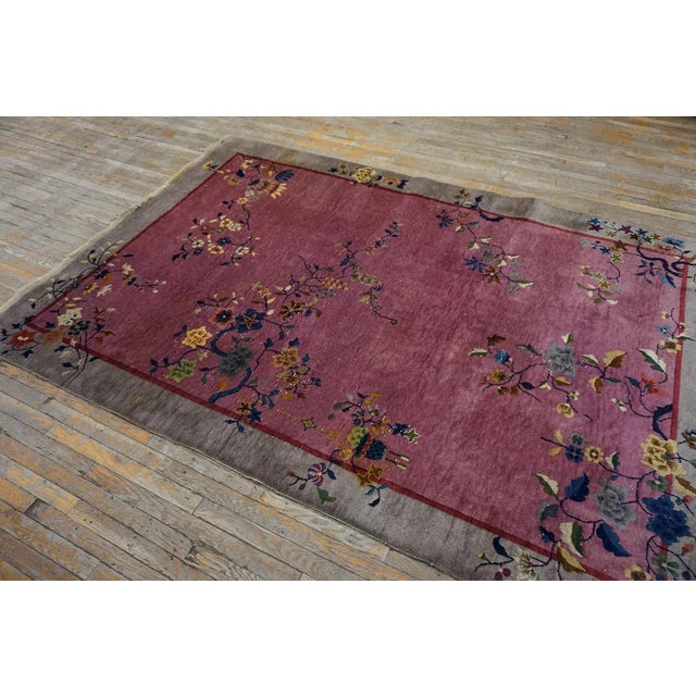 Art Deco 1920s Purple Floral Antique Chinese Art Deco Carpet 6' X 8'10" Handknotted Wool Rug For Sale - Image 3 of 15