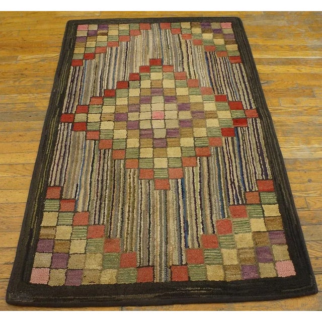 Textile Magnificent Multicolored With Tridimensional Symmetric Design Antique American Hooked Rug For Sale - Image 7 of 11