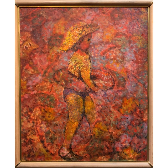 Arie Kaplun, Israeli KIbbutz Artist Toddler, Swim Tube Pointilist Oil Painting Bezalel School For Sale