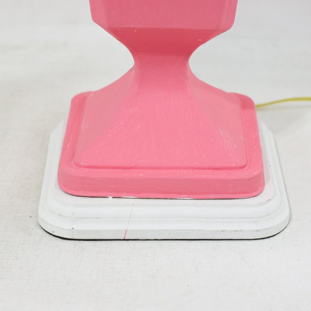 Hot Pink Pair of Vintage Pink and White Trophy Table Lamps With Rectangular Bell Shades For Sale - Image 8 of 12