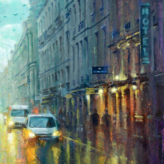 Impressionist Paris Rainy Cafe by Christopher Clark | Oil and Acrylic on Wood Panel City street scene in rain For Sale - Image 3 of 5