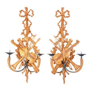 Mid 20th Century Neoclassical French Musical Themed Hand-Carved Candelabra Sconces - a Pair For Sale