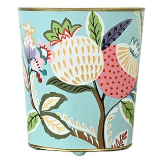 Matthew Izzo Home Handpainted Tole Metal Poppy Floral Wastebasket in Spring Blue For Sale