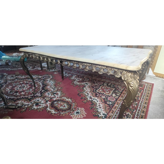 Vintage French Hollywood Regency / Louis XV Style Marble Coffee Table with Brass Legs, 1960s For Sale - Image 4 of 7