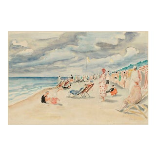 Vintage Beach Watercolor Art Print - La Plage De Deauville by Lebasque, 54" X 36" For Sale