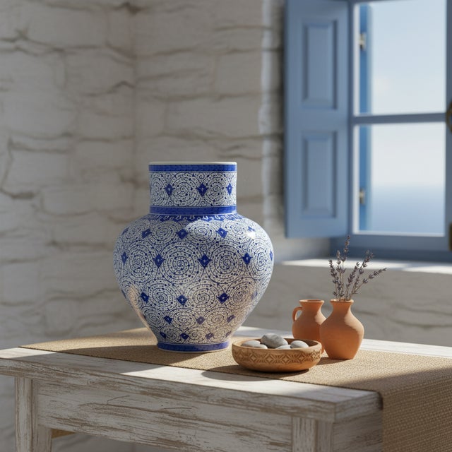2020s Handmade Ceramic Large Iznik Vase Monumental Size Blue and White Golden Horn (Halic) Style Scroll Pattern For Sale - Image 5 of 10