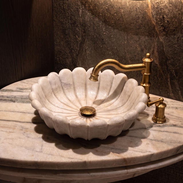 Contemporary Handmade Blossom White Marble Flower Vessel Sink | Luxury Natural Stone Vanity Bathroom Basin For Sale - Image 3 of 9
