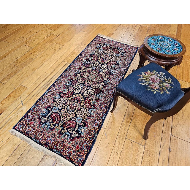 1900 - 1909 Vintage Persian Kerman Rug, Hand-Knotted Wool, All-Over Floral Garden Pattern, Navy & Ivory, 3x7 For Sale - Image 5 of 16