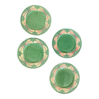 Set of 4 Portugal Bordallo Pinheiro Majolica Pinkish/Orangish Dragonfly Chop Charger Plate 12” For Sale