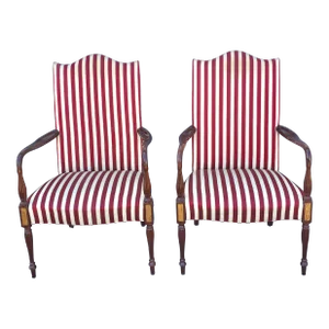 Hickory Chair Martha Washington Mahogany Upholstered Open Arm Chairs, Pair