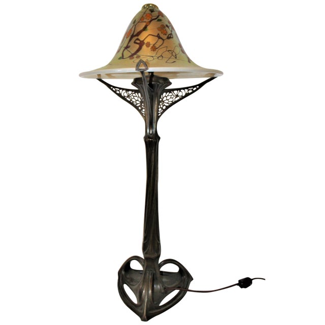 Gold 1980s Art Nouveau Lamp Art Glass Shade Bronze Casting after Louis Majorelle For Sale - Image 8 of 18