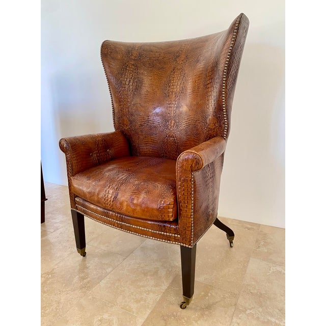 Dessin Fournir Dessin Fournir Crocodile Embossed Leather Wingback Statement Chair For Sale - Image 4 of 11