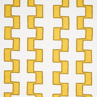 Schumacher Dixon Embroidered Print Linen Fabric in Yellow For Sale