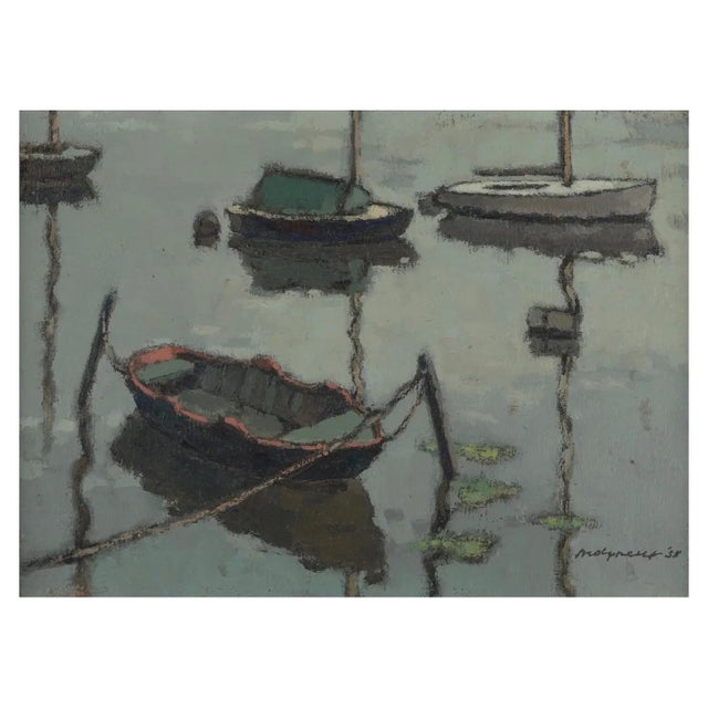 Edward Henry Molyneux (British, 1891-1974) oil painting on canvas "Evening Harbor at Dusk", 1938. Measures 9-1/2" x 13"...