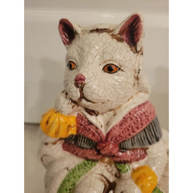 White Vintage Colorful Regency Ceramic Staffordshire Sitting Throne Cats Statue- a Pair For Sale - Image 8 of 10