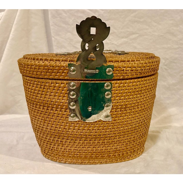 Wood Rattan Wicker Picnic Basket With Tea Set Included For Sale - Image 7 of 10