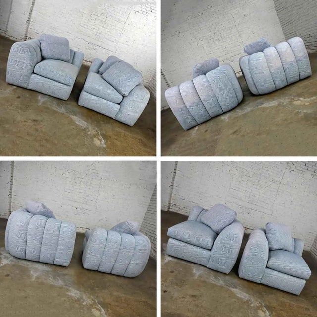 Blue Modern to Postmodern Channeled Sectional Loveseat or Lounge Chairs Style of Jay Spectre For Sale - Image 8 of 12