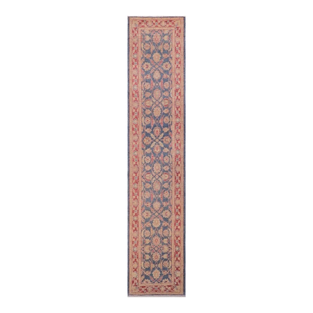 Shabby Chic Ziegler Blue/Red Wool Runner Rug- 3'1'' X 14'5'' For Sale